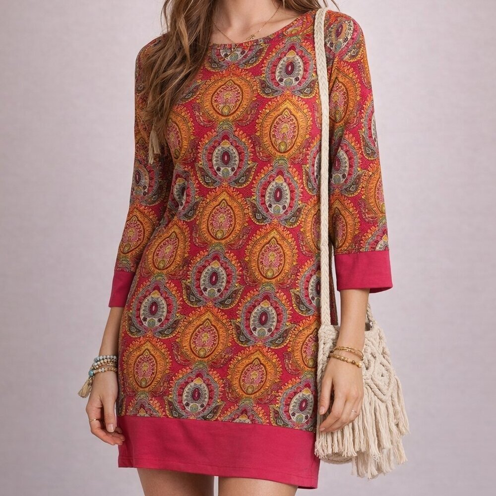 Ellavie Womens One Size Multicolor Paisley Long Sleeve Mini Dress Boho Flowy